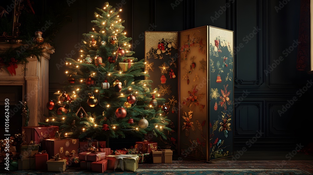 Decorated Christmas Tree with Gifts in a Dark Room Decorated Christmas Tree with Gifts in a Dark Room