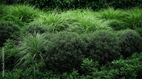 Dense green foliage, including various types of shrubs and tall grasses, creating a lush and textured garden landscape.