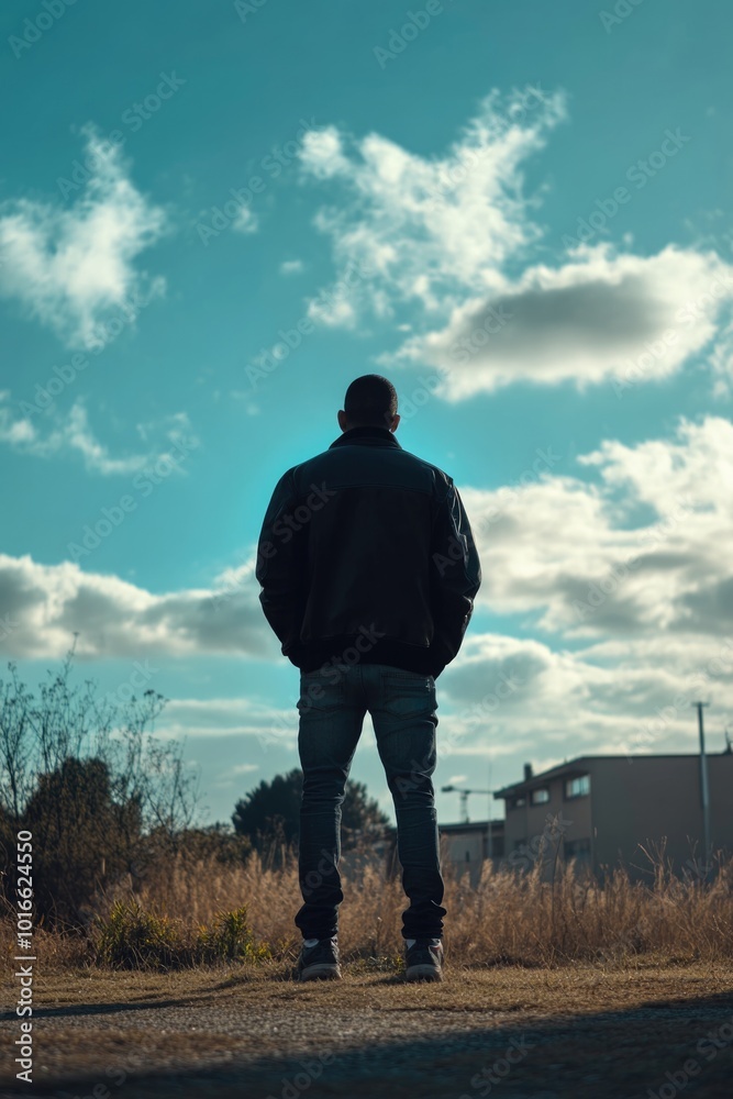 A person standing alone on a road with no cars or people in sight. A person standing alone on a road with no cars or people in sight.