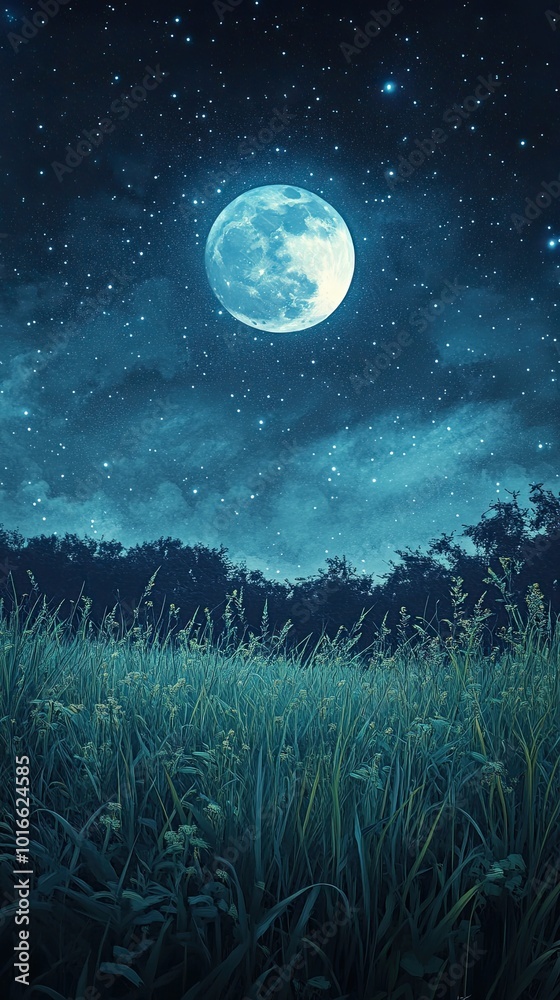 Vibrant Green Grass Field Under a Starry Night Sky with a Glowing Full Moon – Serene Nature Landscape, Nighttime Photography, Tranquil Countryside, and Celestial Beauty.. Vibrant Green Grass Field Under a Starry Night Sky with a Glowing Full Moon – Serene Nature Landscape, Nighttime Photography, Tranquil Countryside, and Celestial Beauty..