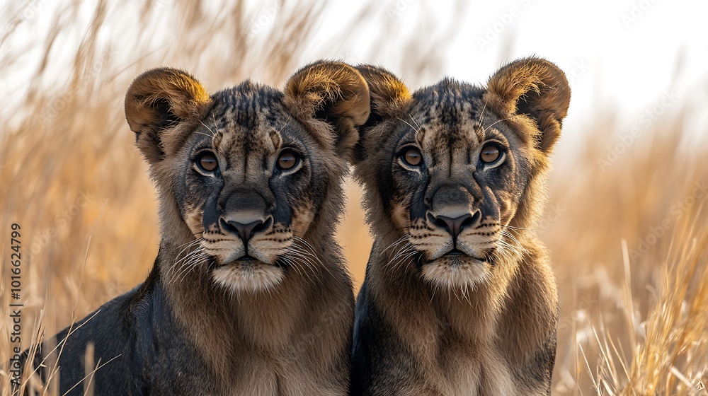 Two lion cubs looking directly at the camera in tall grass. Two lion cubs looking directly at the camera in tall grass.