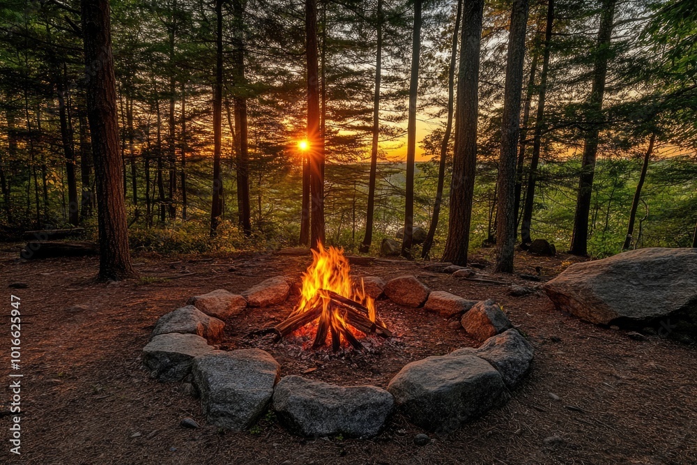 A campfire burning brightly in the midst of a dense forest, ideal for outdoor events or wilderness scenarios. A campfire burning brightly in the midst of a dense forest, ideal for outdoor events or wilderness scenarios.