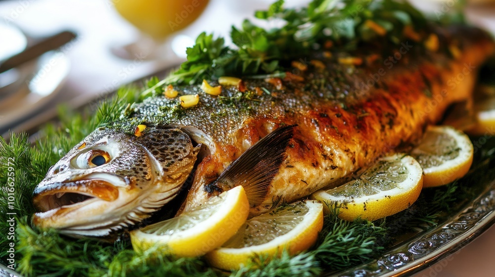 A whole roasted trout, stuffed with herbs and lemon slices, served on a platter with garnish. A whole roasted trout, stuffed with herbs and lemon slices, served on a platter with garnish.