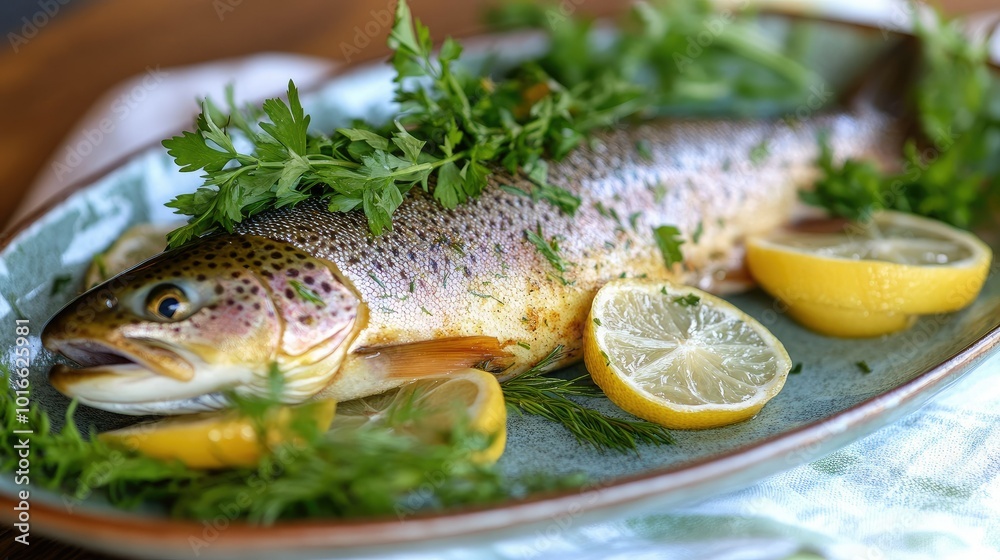A whole roasted trout, stuffed with herbs and lemon slices, served on a platter with garnish. A whole roasted trout, stuffed with herbs and lemon slices, served on a platter with garnish.