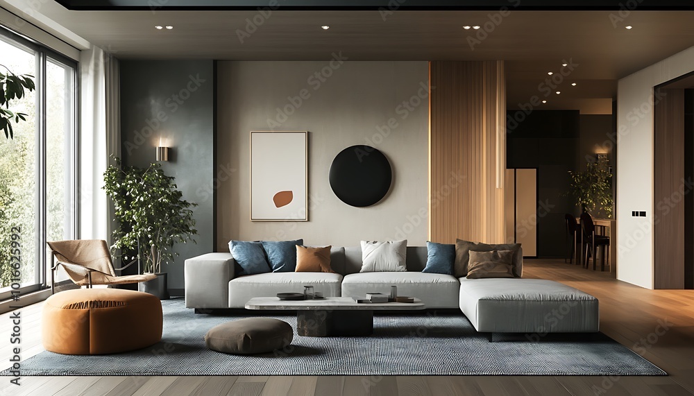 Modern living room interior with a large white sofa, coffee table, and minimalist decor, featuring natural light from large windows. Modern living room interior with a large white sofa, coffee table, and minimalist decor, featuring natural light from large windows.