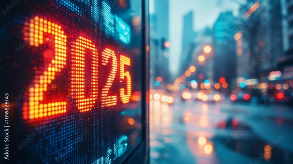 Fototapeta premium Vibrant digital display of 2025 with a softly blurred city skyline backdrop, showcasing a futuristic urban atmosphere
