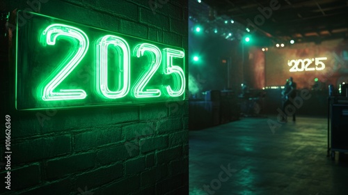 Electric green neon 2025 sign illuminating a vibrant concert stage atmosphere, creating an energetic and lively ambiance. photo