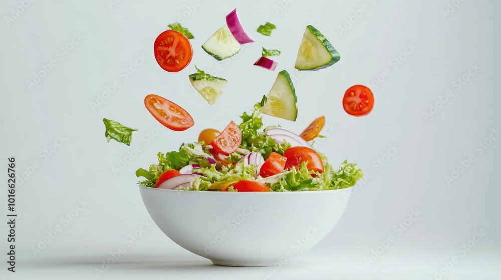 Fresh salad ingredients fly through the air, a creative way to present healthy food. Fresh salad ingredients fly through the air, a creative way to present healthy food.