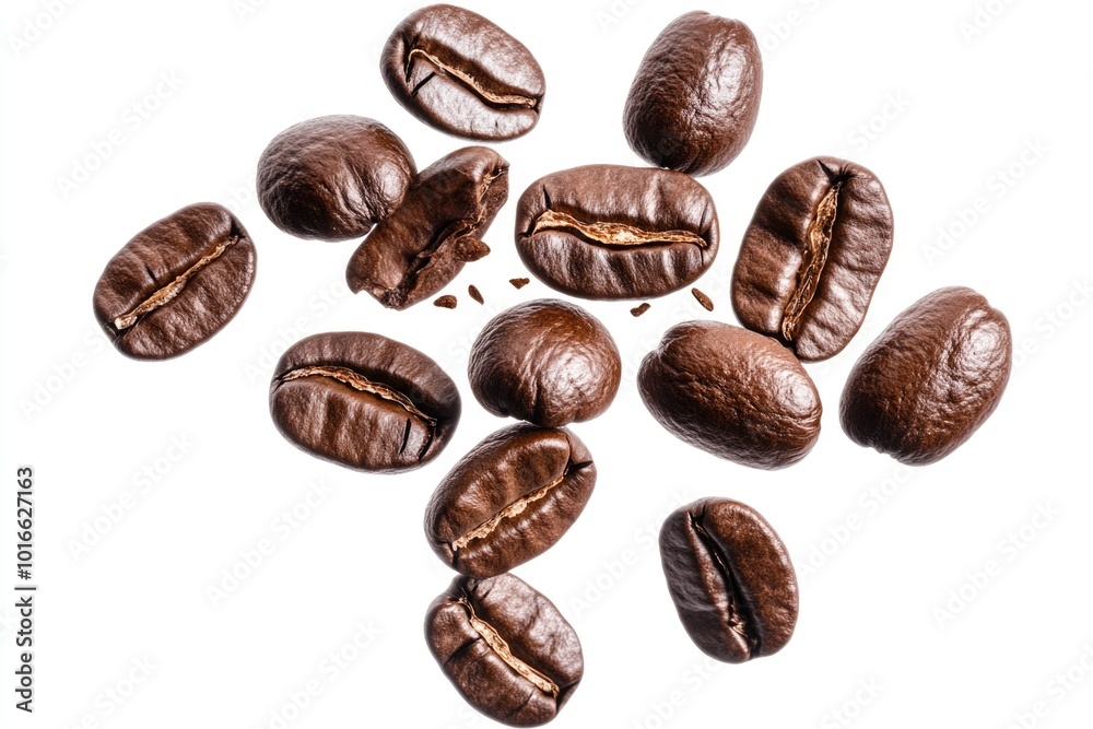 A pile of coffee beans on a white surface, ideal for food or coffee-themed illustrations.