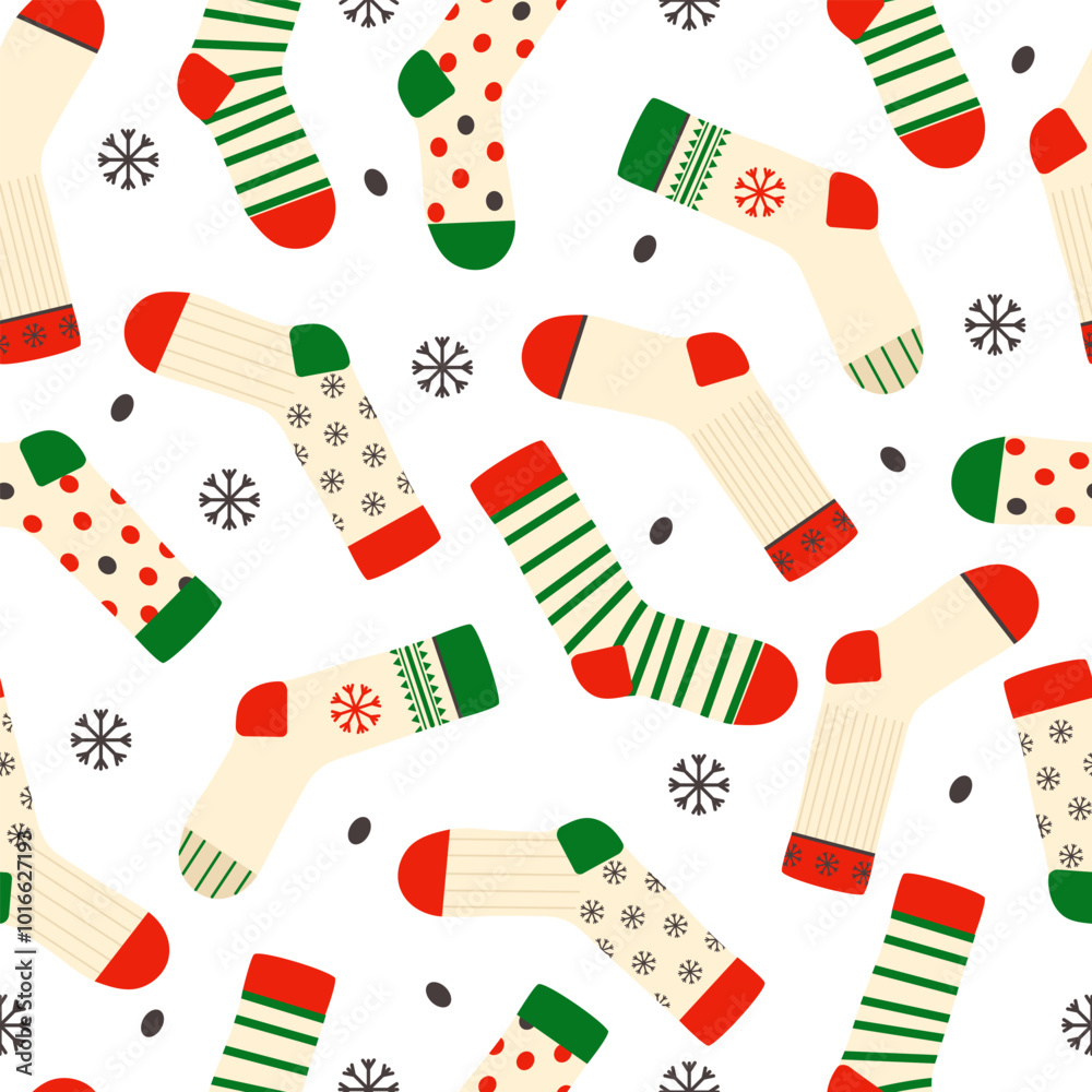Seamless pattern with Christmas socks. Various winter socks with different patterns, isolated on a white background. 