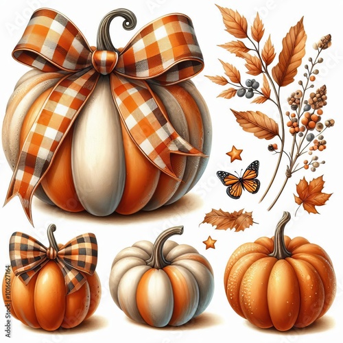 A collection of decorative pumpkins and autumn leaves with a butterfly.
