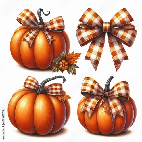 A collection of decorative pumpkins with bows for autumn decor.