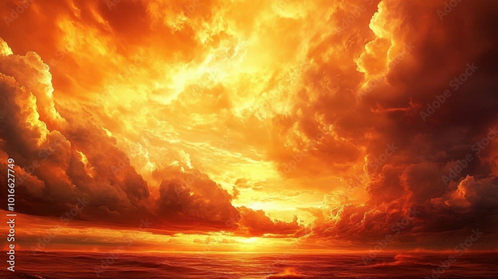 A blazing orange sky at dusk, with fiery clouds lighting up the horizon, resembling a natural inferno in the sky -