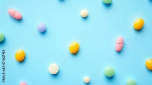 Colorful assortment of pills and capsules on a blue background.