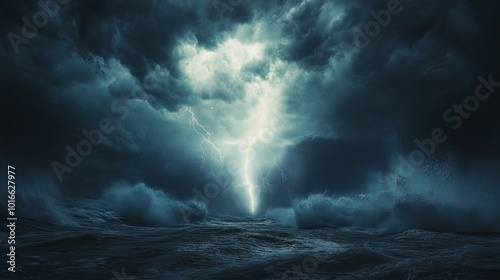 Dramatic lightning illuminating a stormy ocean scene.