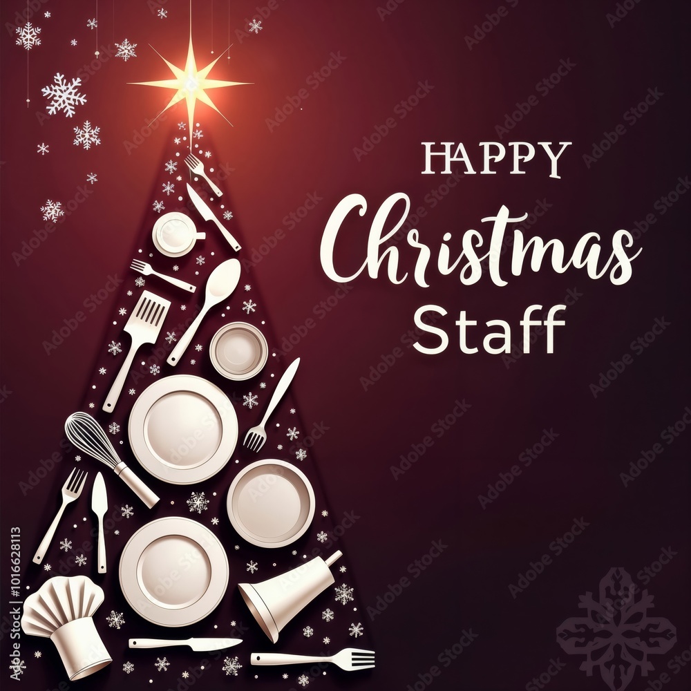 Culinary Christmas tree. Festive design featuring a Christmas tree made of tableware, wishing staff a Happy Christmas.