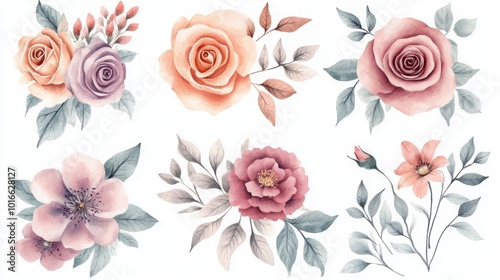 Floral illustrations featuring various roses and blossoms with leaves.