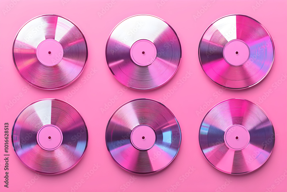 Six vibrant compact discs arranged in a grid on a pink background, showcasing their colorful surfaces and reflecting light beautifully Six vibrant compact discs arranged in a grid on a pink background, showcasing their colorful surfaces and reflecting light beautifully