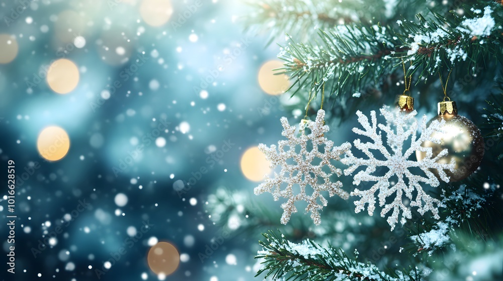 Sparkling Snowflakes and a Golden Ornament on a Snowy Evergreen Branch Sparkling Snowflakes and a Golden Ornament on a Snowy Evergreen Branch