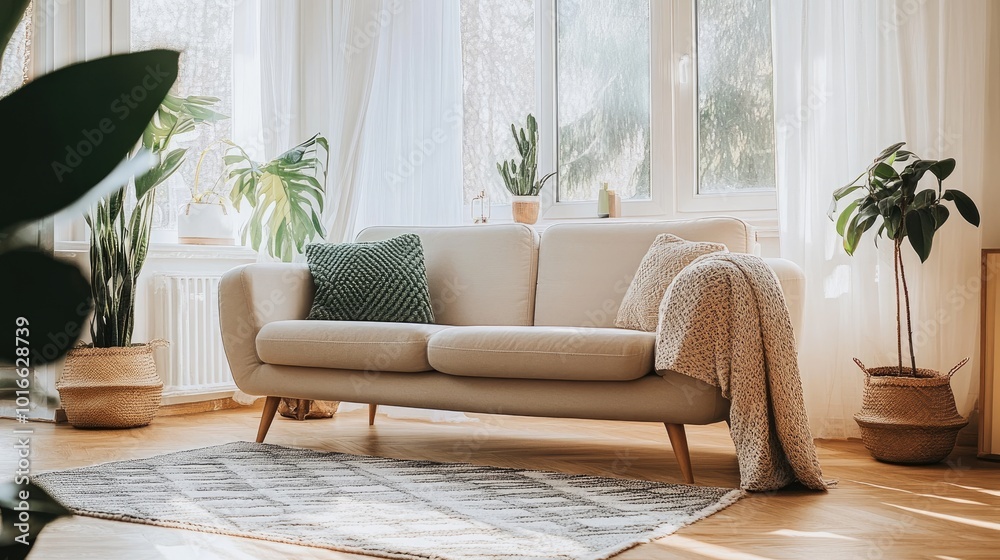 A cozy living room with modern furniture, soft natural lighting, and stylish decor, featuring a comfortable sofa, rug, and chic accessories A cozy living room with modern furniture, soft natural lighting, and stylish decor, featuring a comfortable sofa, rug, and chic accessories