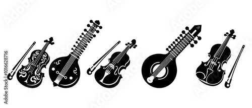 Violin and sitar silhouette black filled vector Illustration icon.