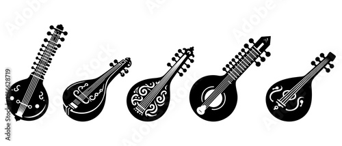 Veena and Sitar silhouette black filled vector Illustration icon