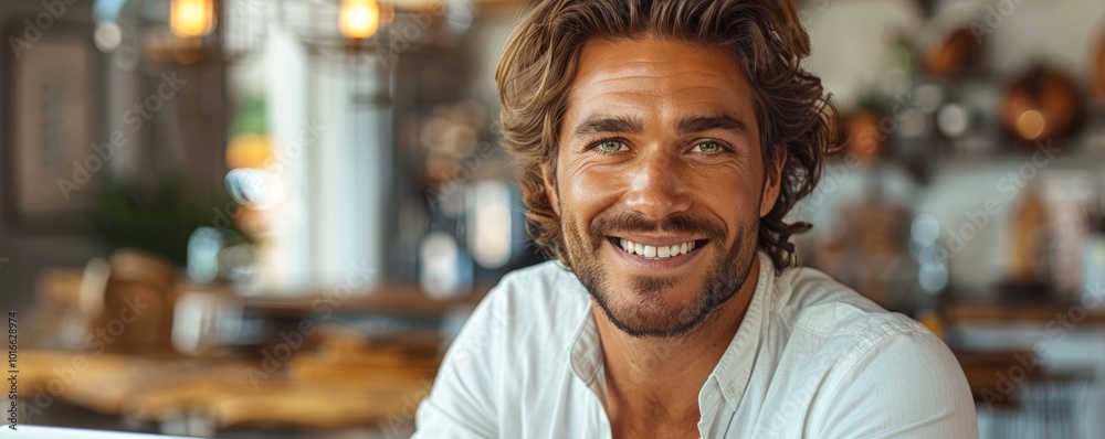 Handsome Smiling Man with Beard in Casual Shirt Sitting in Cozy Cafe with Warm Lighting Handsome Smiling Man with Beard in Casual Shirt Sitting in Cozy Cafe with Warm Lighting