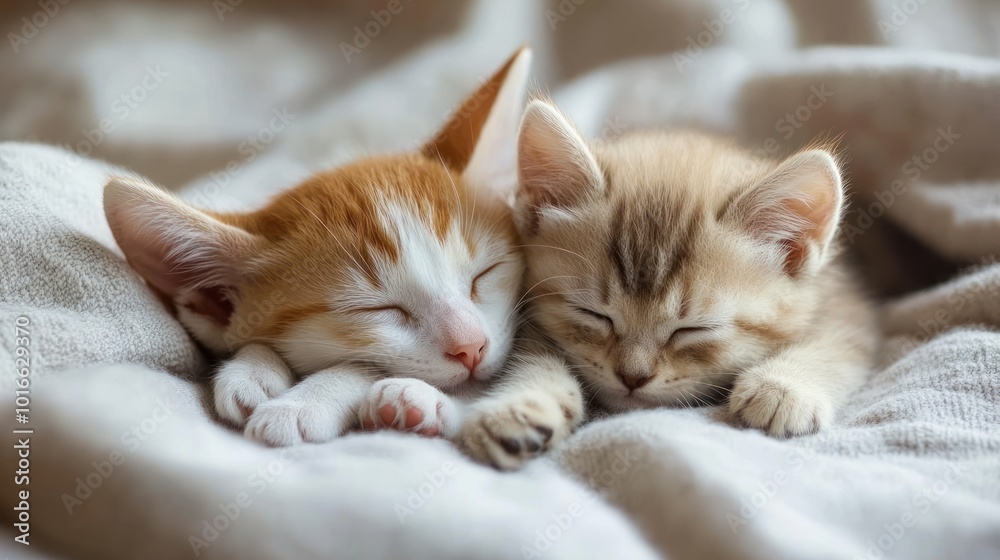 Two adorable kittens sleeping peacefully on a soft blanket. Two adorable kittens sleeping peacefully on a soft blanket.