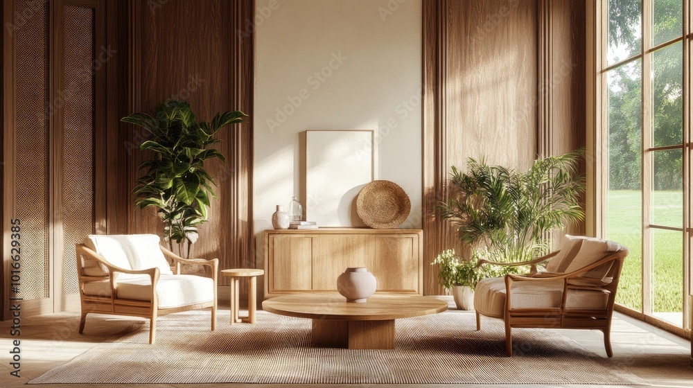 Fototapeta premium A serene living room interior with elegant furniture, warm natural light, and stylish decor elements creating a welcoming space