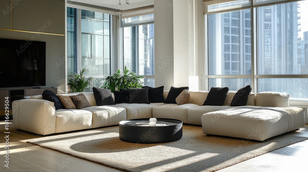 Fototapeta premium A stylish living room with a modern sectional sofa, coffee table, and natural light pouring in through large windows, perfect for home interiors