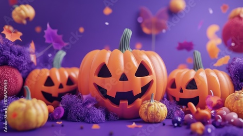 Halloween pumpkins and decorations on a purple background with colorful designs for graphics and banners