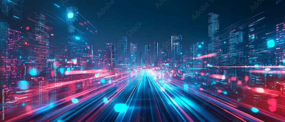 A night city surrounded by an abstract gradient blue and red glowing light trail, a smart city utilizing big data technology A night city surrounded by an abstract gradient blue and red glowing light trail, a smart city utilizing big data technology