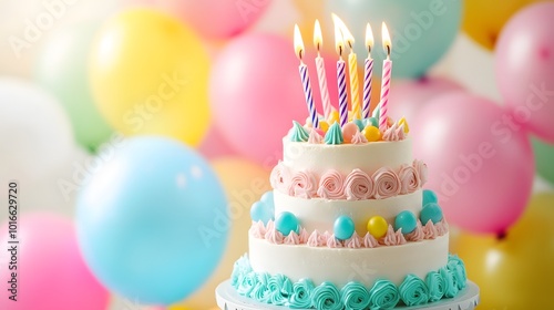 Birthday Cake with Candles and Balloons