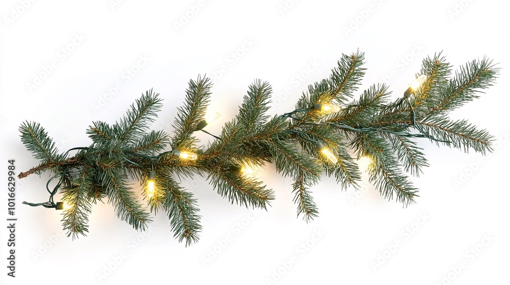 Ramo di un albero di Natale con luce natalizia su sfondo bianco Ramo di un albero di Natale con luce natalizia su sfondo bianco
