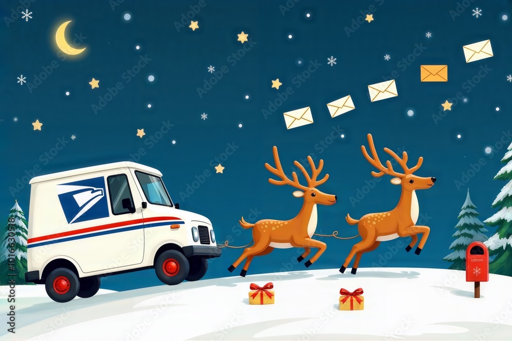 Festive postal service Christmas card with truck pulled by reindeer delivering mail under starry night sky.