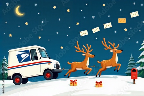 Festive postal service Christmas card with truck pulled by reindeer delivering mail under starry night sky. photo