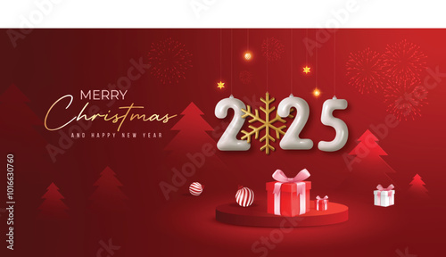 Merry Christmas and Happy New Year. 3D shiny numbers 2025. Christmas podium and decorations, gift boxes, fireworks on red background.