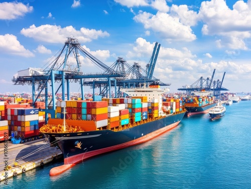 A vibrant scene of cargo ships at a port, showcasing colorful shipping containers against a bright blue sky.