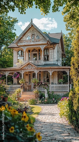 A beautiful vintage house surrounded by lush gardens and vibrant flowers, showcasing elegant architecture and inviting charm.