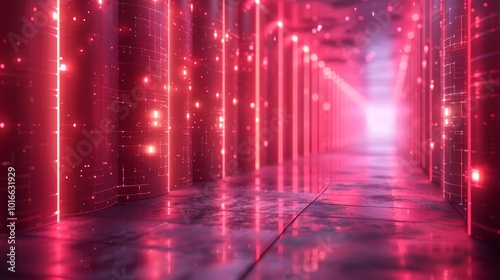 Futuristic Digital Corridor with Neon Lights and Glowing Particles in a High-Tech Environment