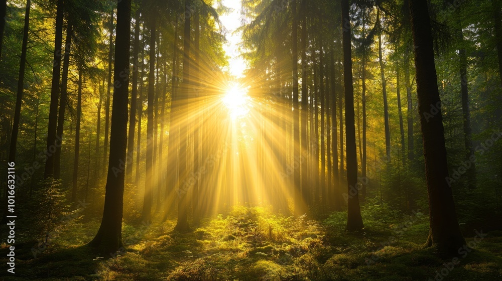 Naklejka premium Sunbeams Through Trees in Misty Forest
