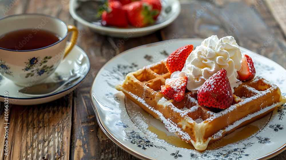 Delicious Belgian Waffles with Whipped Cream and Strawberries Served for Breakfast on Wooden Table with Tea Cup Delicious Belgian Waffles with Whipped Cream and Strawberries Served for Breakfast on Wooden Table with Tea Cup