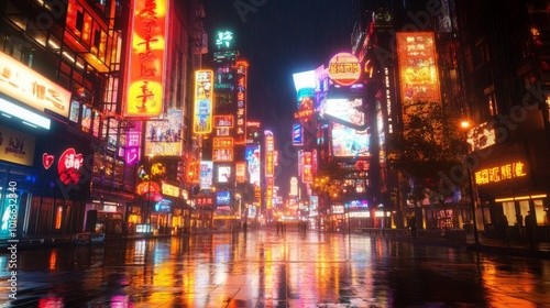 Neon Lights Reflecting in Wet Street at Night in City