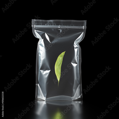 Transparent plastic bag, resealable, green leaf, photo