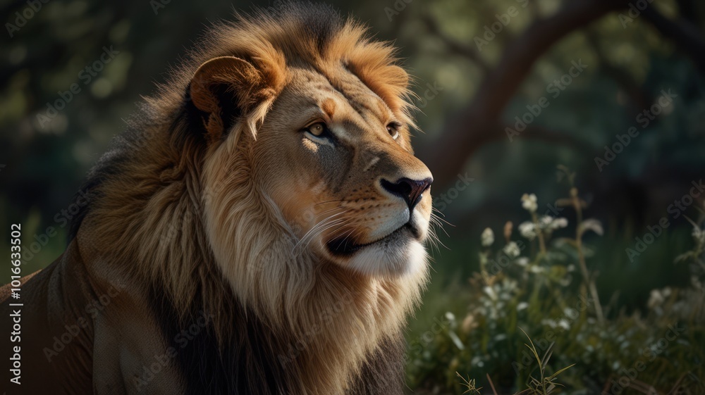 A majestic lion with a golden mane stares intently into the distance, its gaze fixed on something unseen. The sun shines through the leaves, casting a warm glow on the animal's face. A majestic lion with a golden mane stares intently into the distance, its gaze fixed on something unseen. The sun shines through the leaves, casting a warm glow on the animal's face.