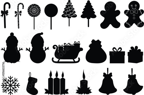 Set of silhouette Christmas elements snowman, bell, gifts, candle, candy illustrations, Christmas decoration clip art