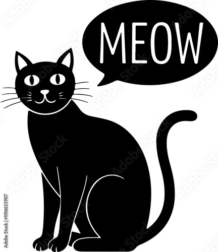 Vector Black Cat with Speech Bubble Saying 'Meow'
