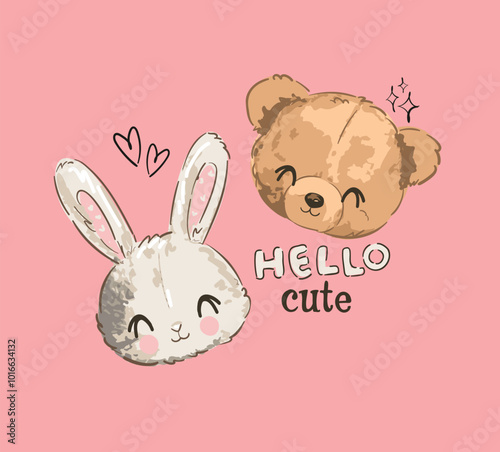 hand drawn cute bunny with teddy bear vector illustration trend design for t shirt printing, graphic design, kids wear, girls clothes, poster, nursery 