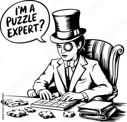 Victorian Puzzle Expert with a Top Hat in Vector Style