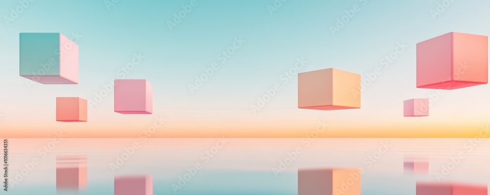 Floating pastel cubes in a serene sky with beautiful reflections, creating a peaceful and modern atmosphere. Floating pastel cubes in a serene sky with beautiful reflections, creating a peaceful and modern atmosphere.